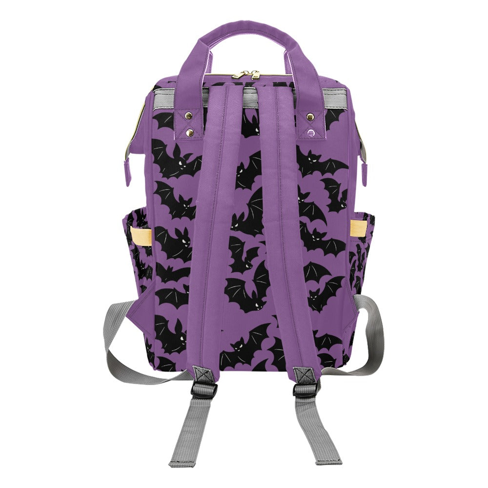 Lavender Bats Backpack rear view showing padded shoulder straps and top handles