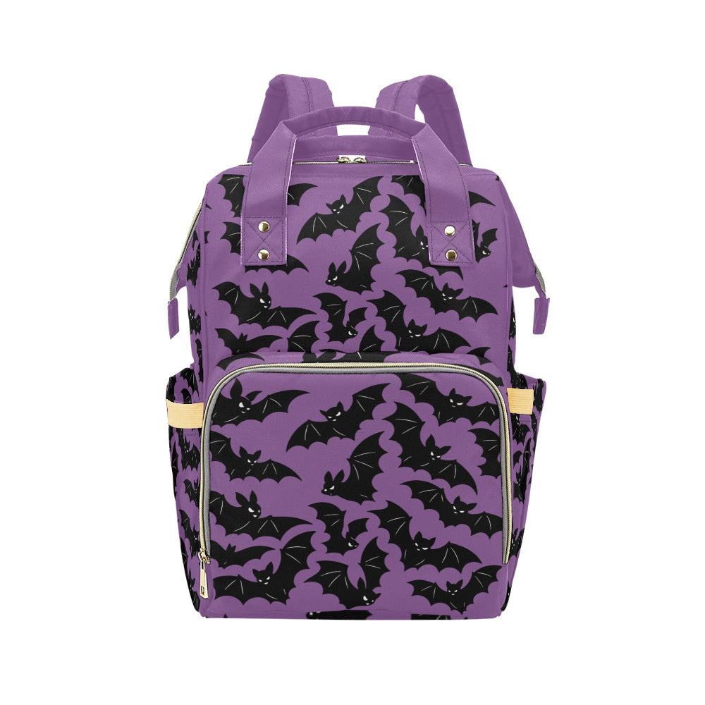 Lavender Bats Backpack front view with zippered front section and side pockets