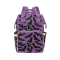 Lavender Bats Backpack front view with zippered front section and side pockets