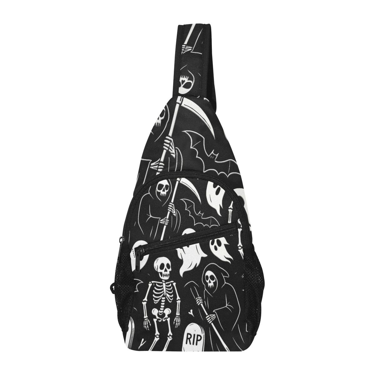 Chest bag with white ghosts and reapers on black, upright view showing zippered front pocket