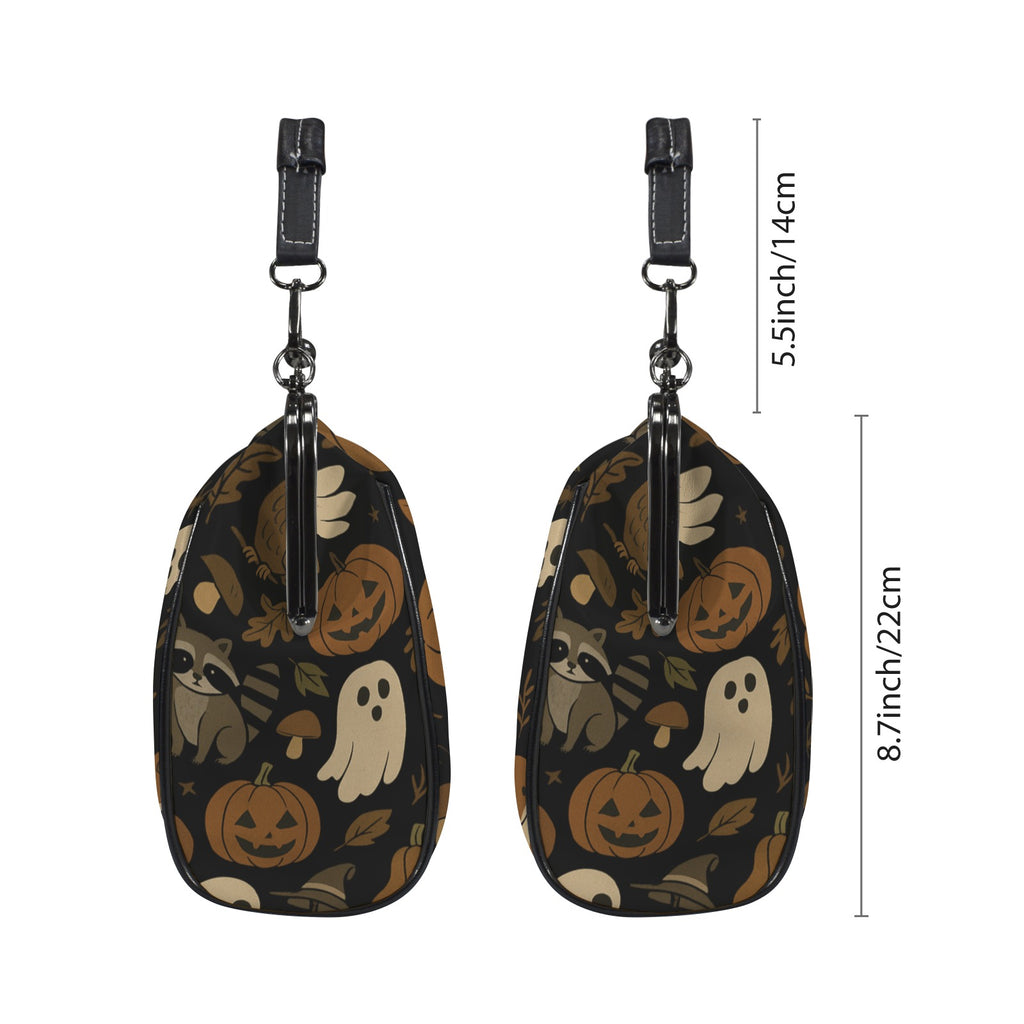 Two side profiles of kisslock bag with autumn ghosts, pumpkins, and woodland animal print beside dimension markers
