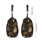 Two side profiles of kisslock bag with autumn ghosts, pumpkins, and woodland animal print beside dimension markers
