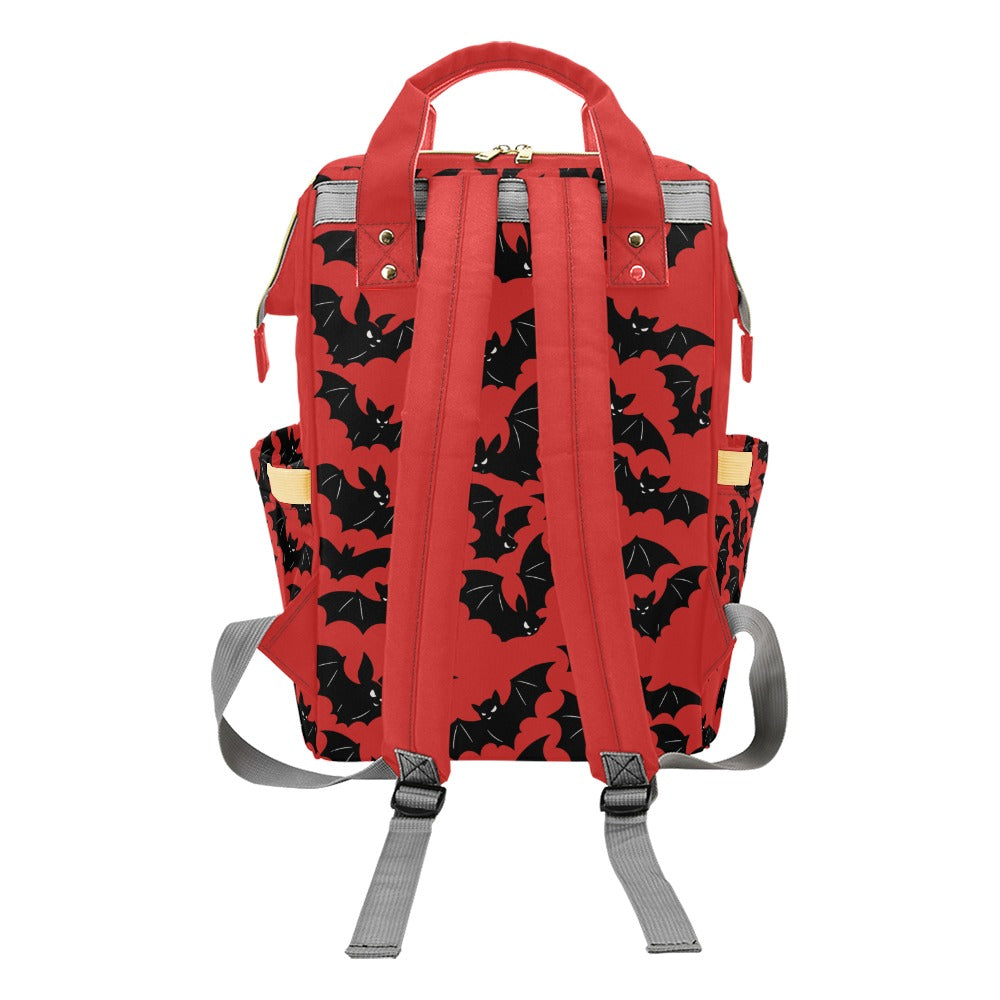 Red Bats Backpack rear view showing padded shoulder straps and top handles