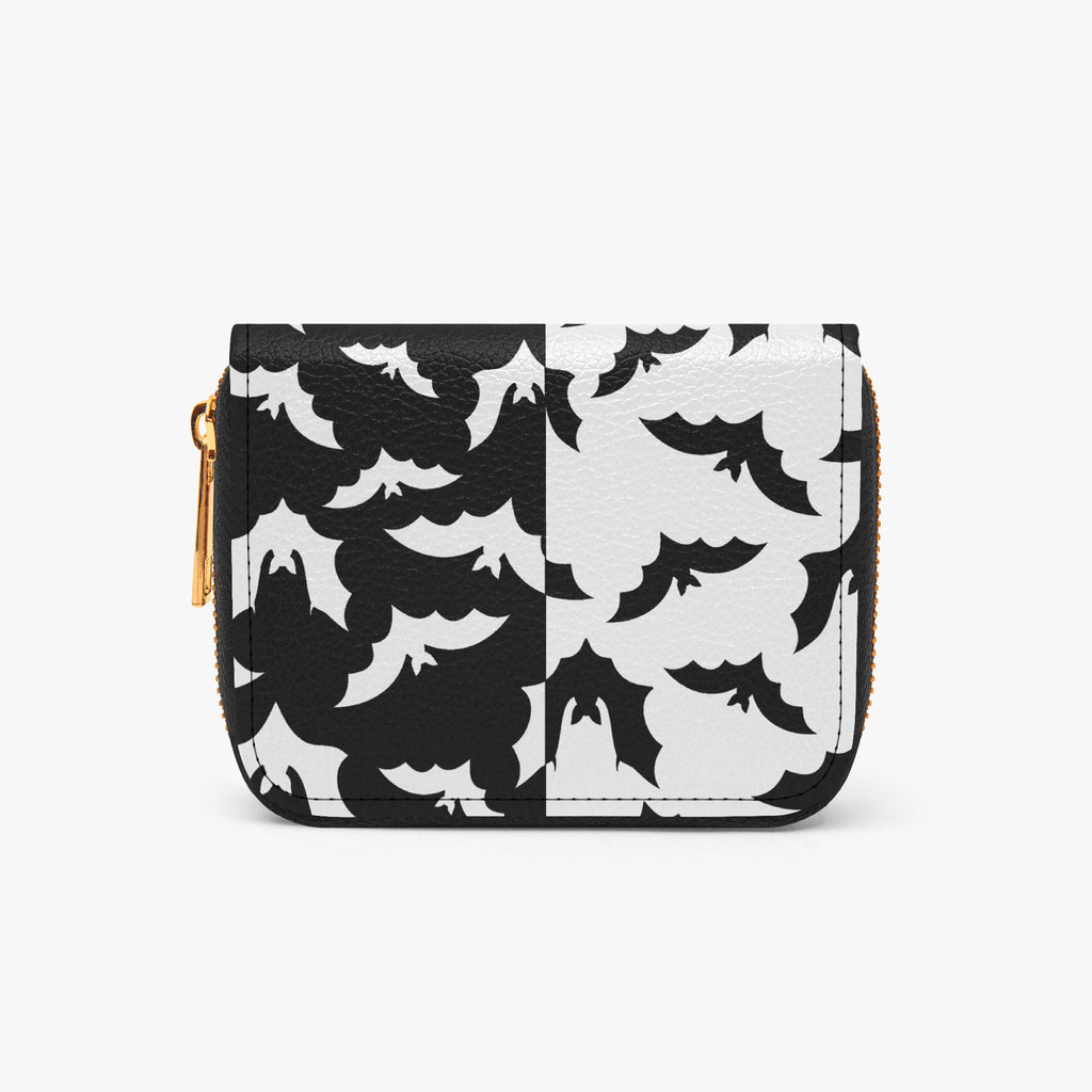 Black & White Bat Swarm Bifold Zipper Wallet exterior reverse view