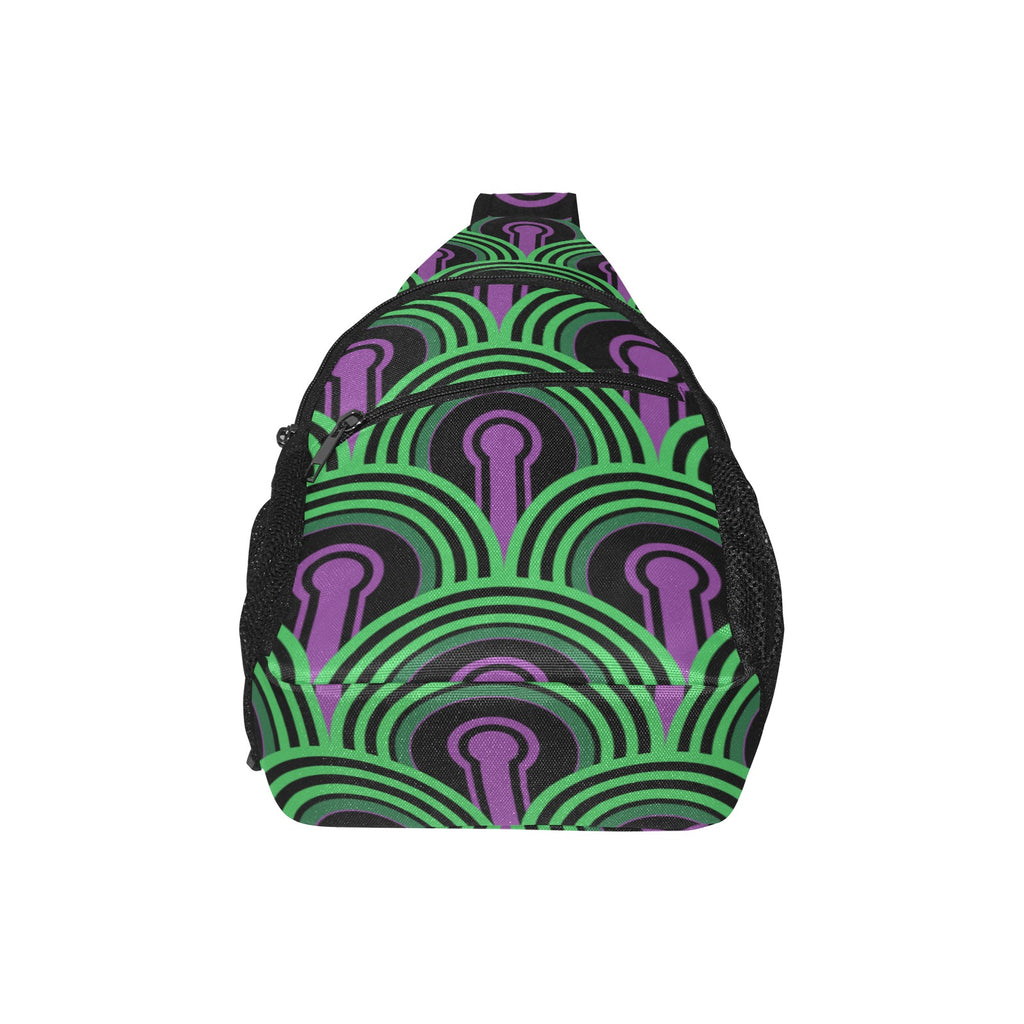 Broad panel of chest bag with green arches and purple keyhole pattern and curved zippered pocket