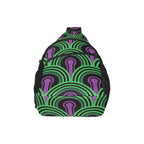 Broad panel of chest bag with green arches and purple keyhole pattern and curved zippered pocket