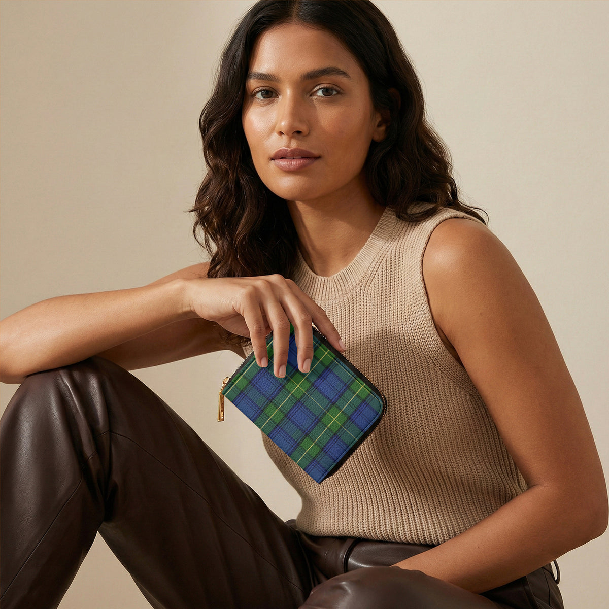 Blue & Green Plaid Bifold Zipper Wallet lifestyle view