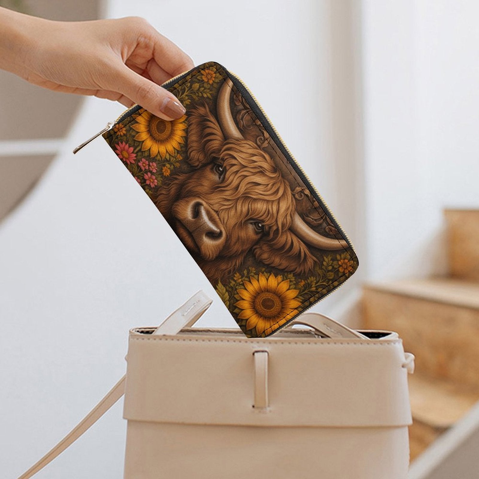 Highland Cow Sunflower Leather Wallet