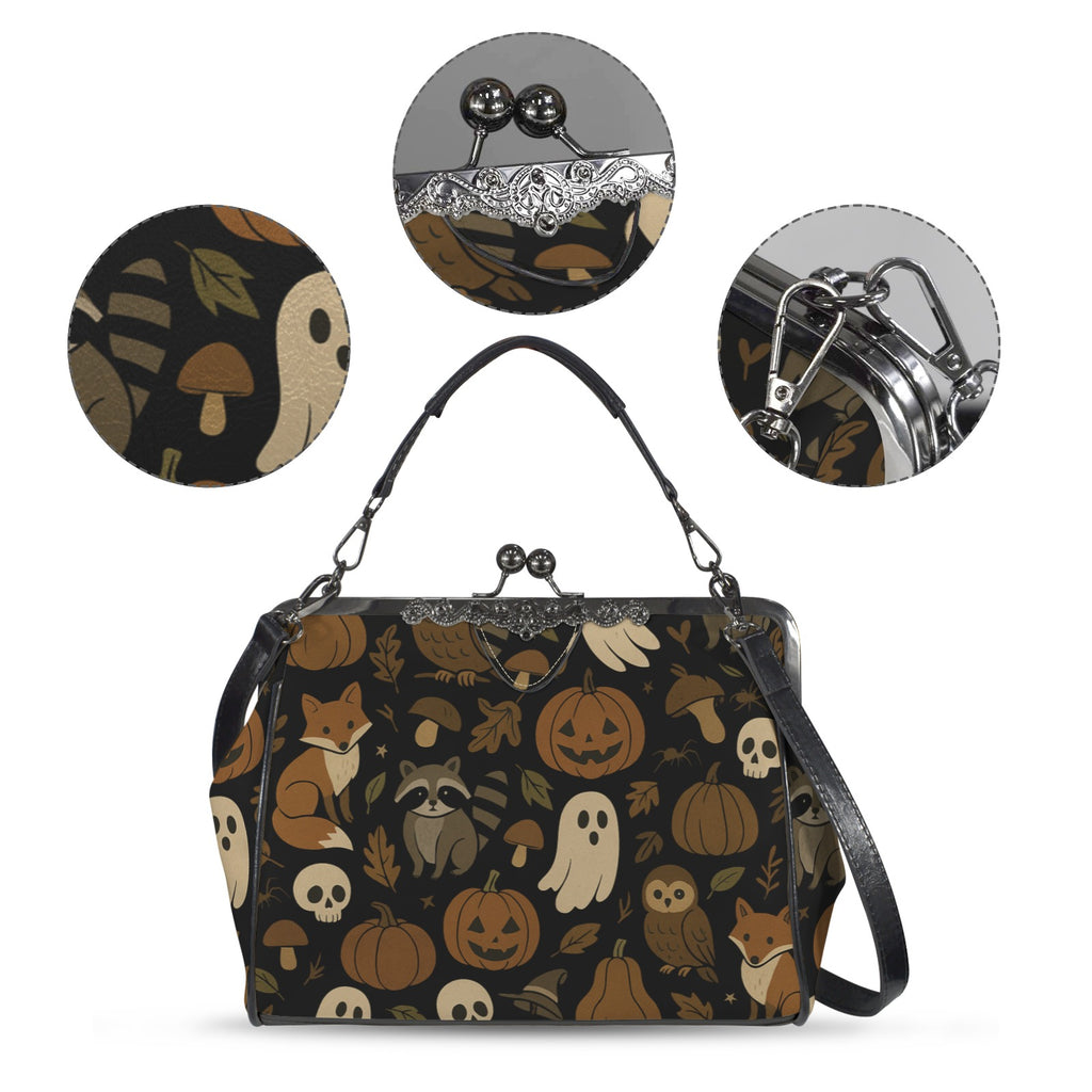 Kisslock bag with autumn ghosts, pumpkins, and woodland animal print, plus close-ups of print, clasp, and strap hardware