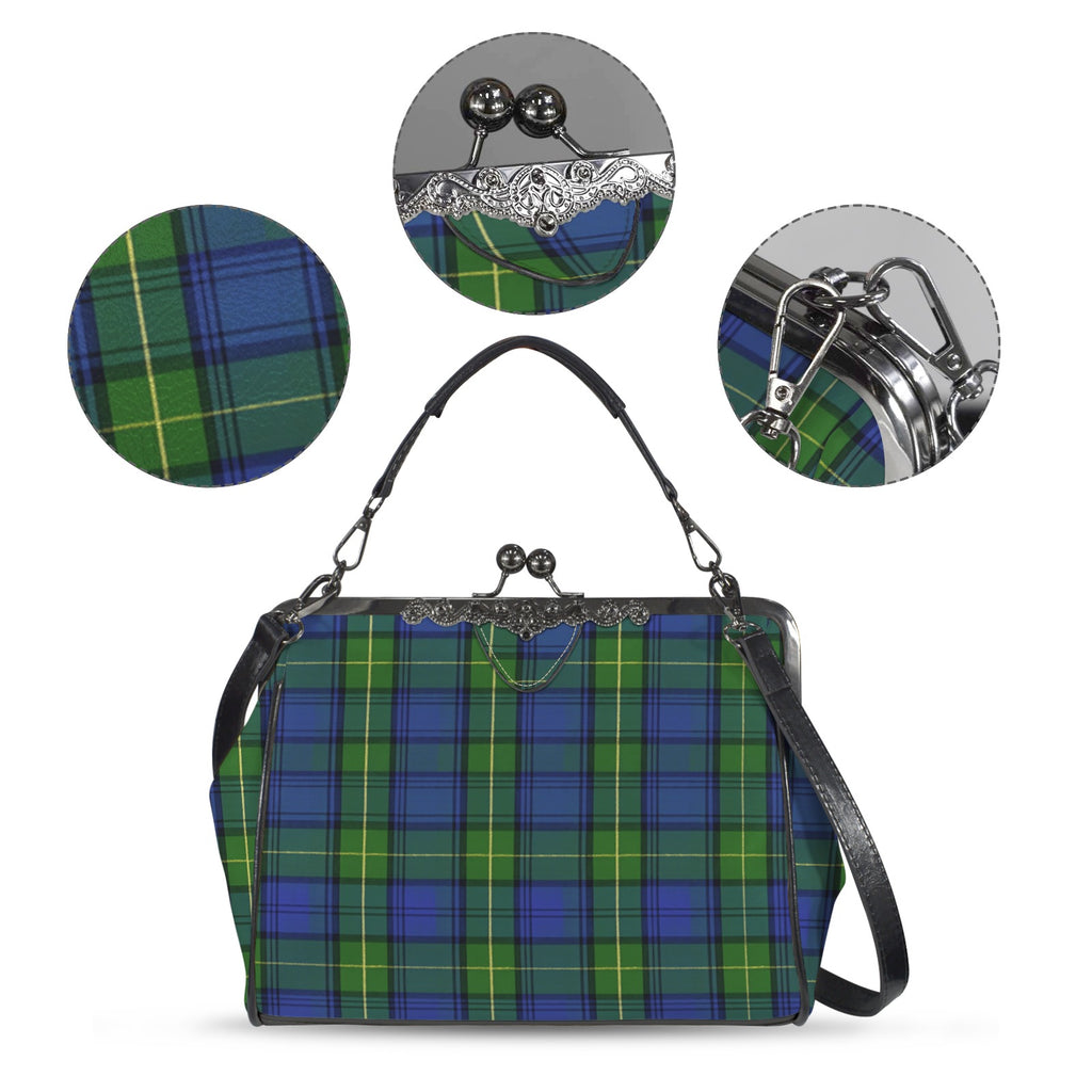 Kisslock bag with blue and green plaid pattern, plus close-ups of print, clasp, and strap hardware