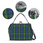 Kisslock bag with blue and green plaid pattern, plus close-ups of print, clasp, and strap hardware