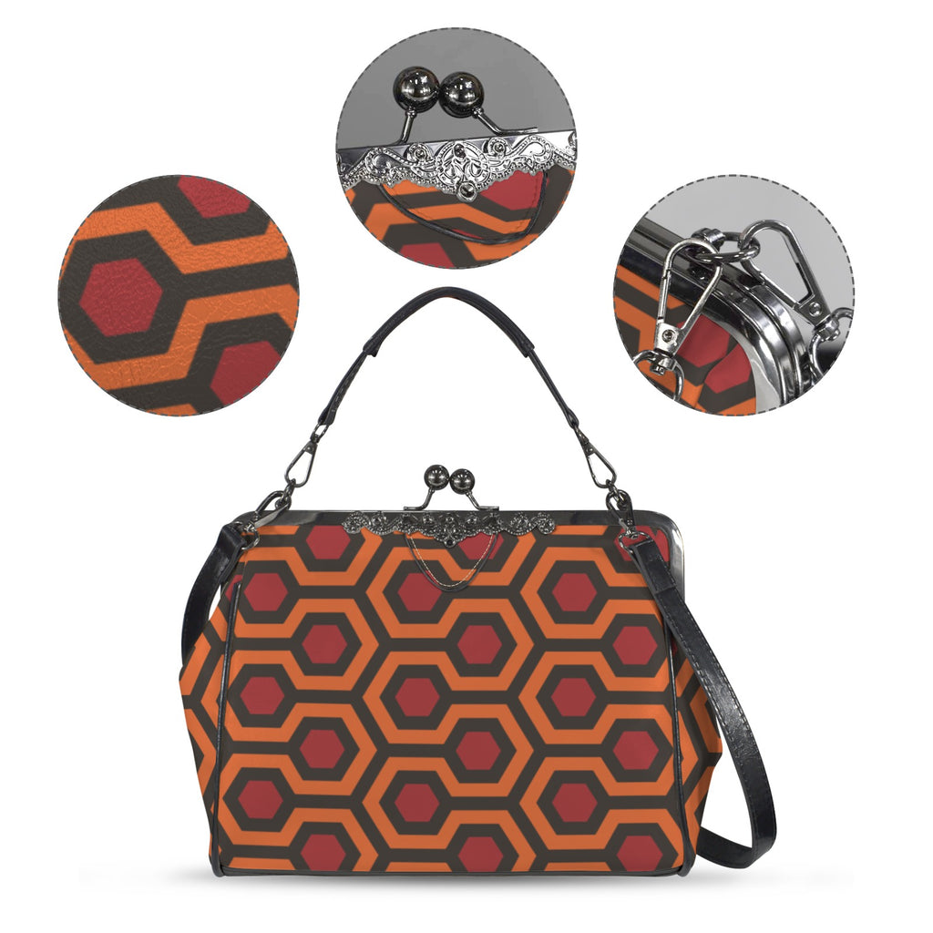 Kisslock bag with burnt-orange and red Haunted Hotel geometric print, plus close-ups of print, clasp, and strap hardware