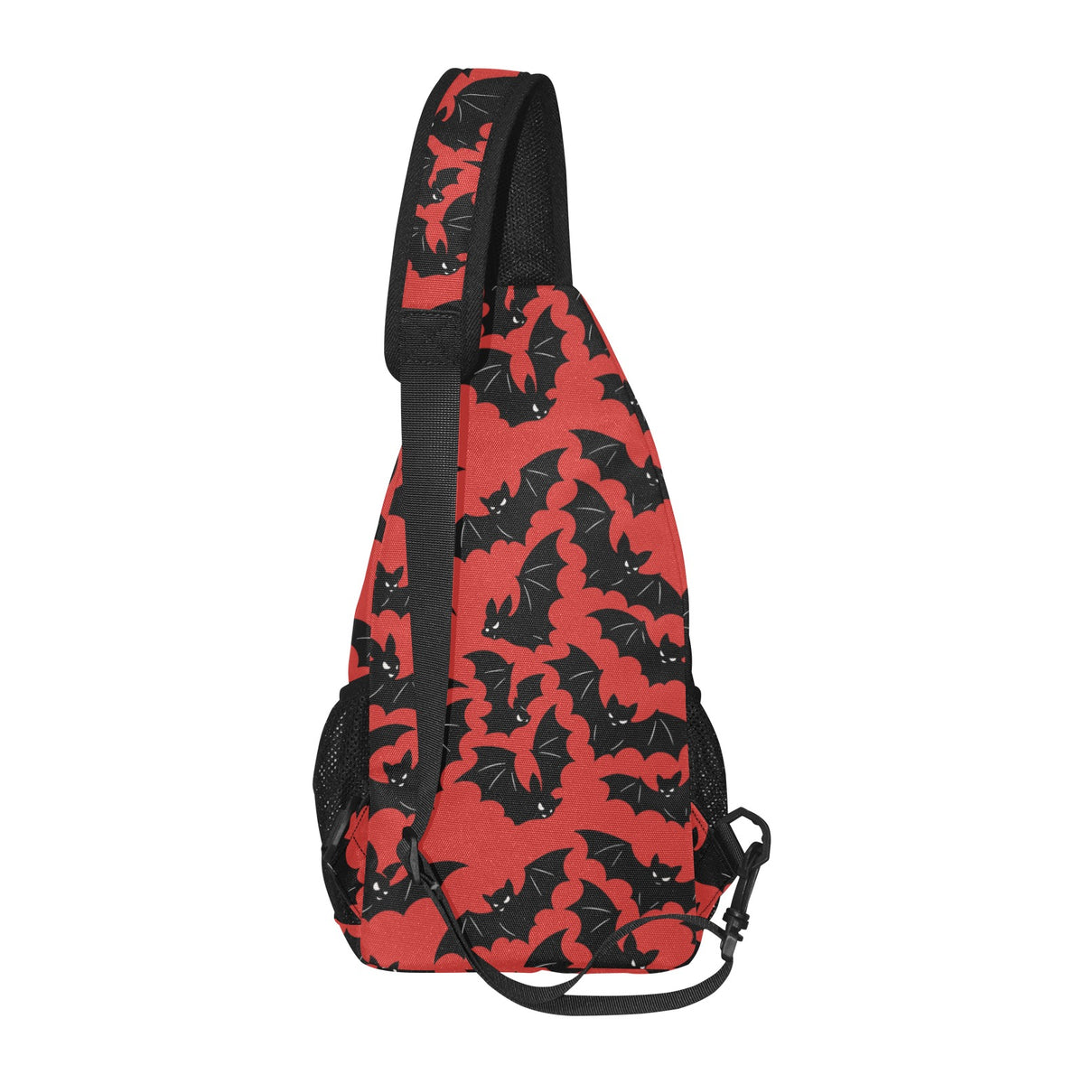 Side profile of chest bag with red and black bat pattern and adjustable shoulder strap