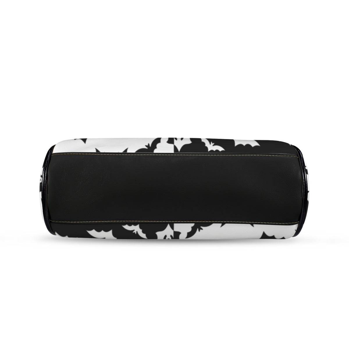 Underside of kisslock bag with black and white bat pattern and black bottom panel