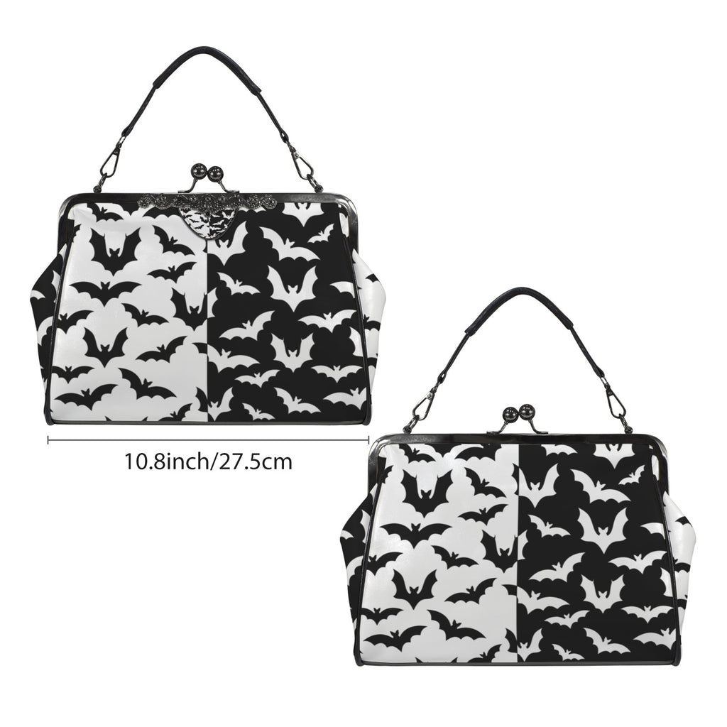 Kisslock bag with black and white bat pattern shown from two broad sides beside a width marker