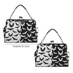 Kisslock bag with black and white bat pattern shown from two broad sides beside a width marker