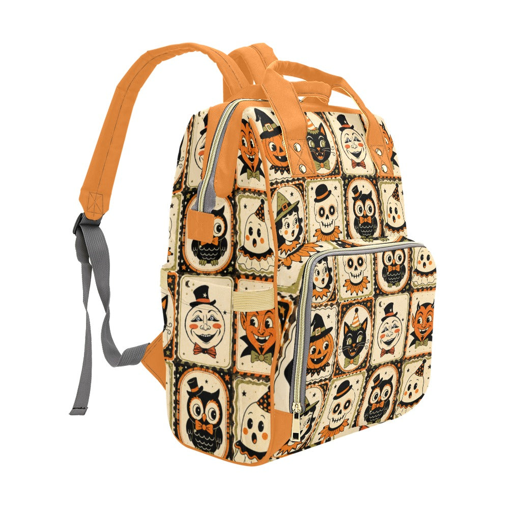 Vintage Halloween Backpack left three-quarter view showing side pocket and front zipper