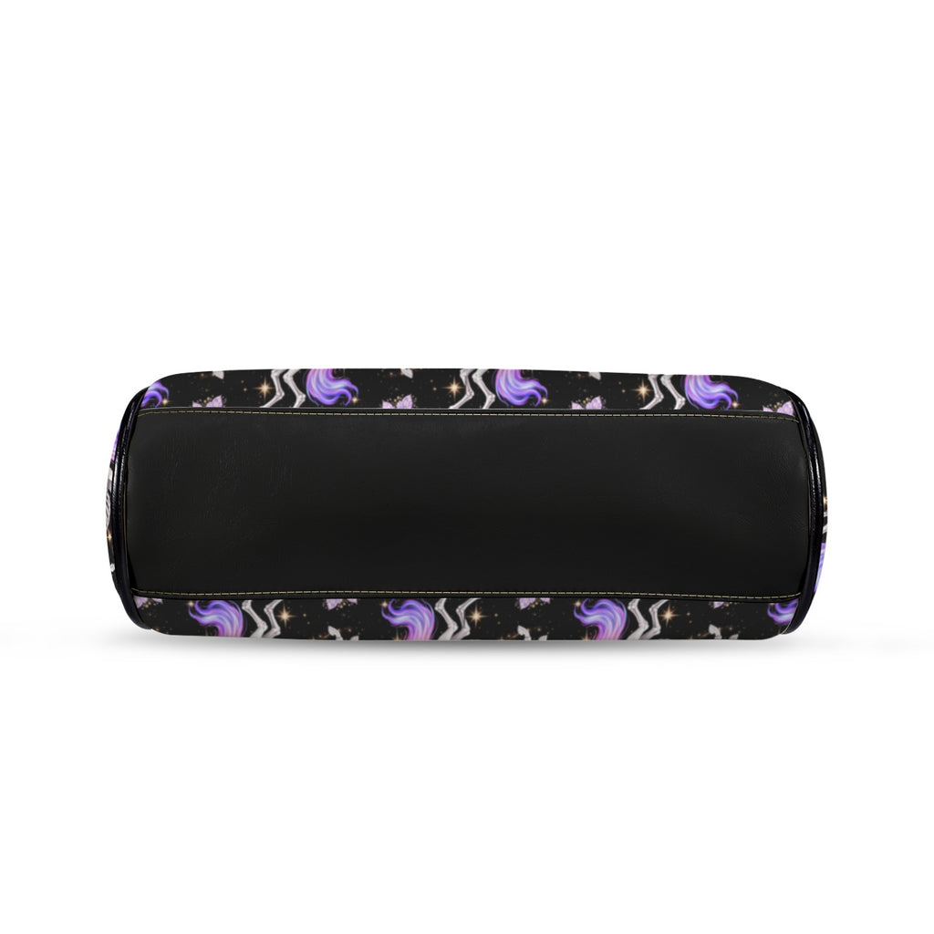 Underside of kisslock bag with skeleton unicorns with purple and pink manes on black and black bottom panel