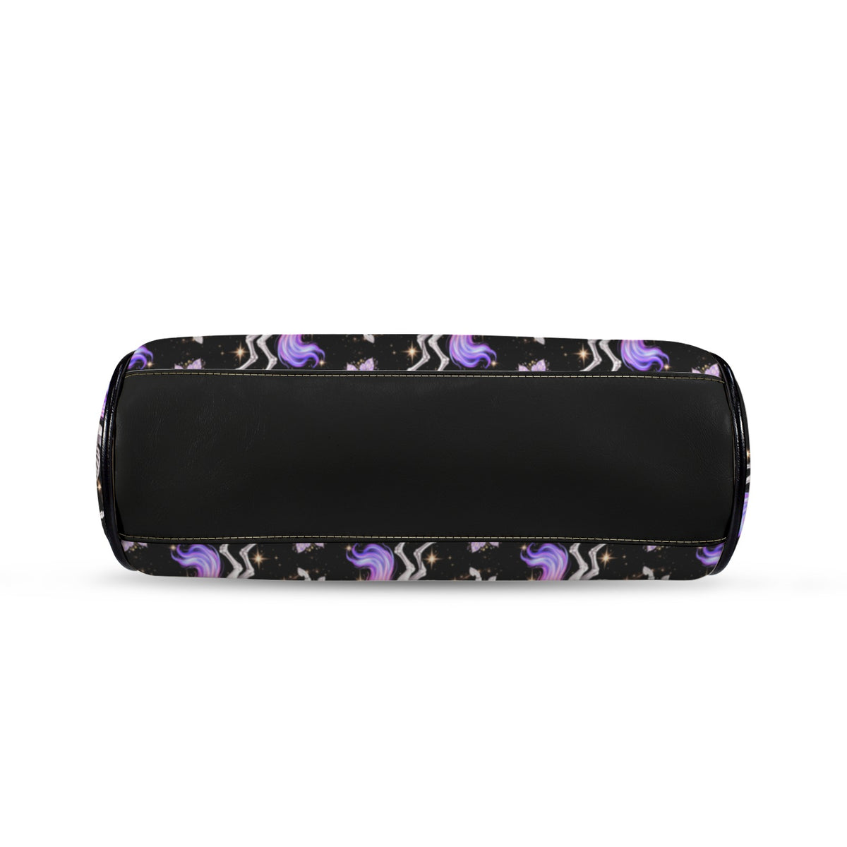Underside of kisslock bag with skeleton unicorns with purple and pink manes on black and black bottom panel