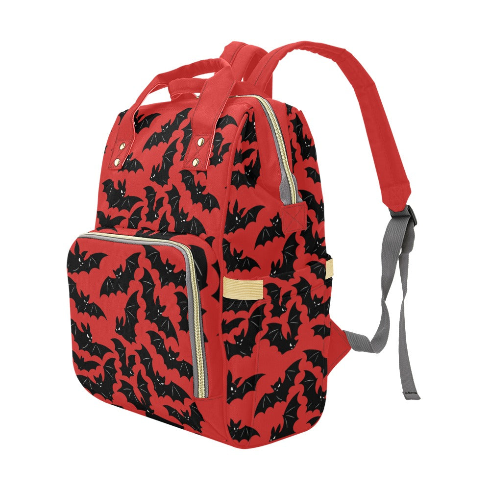 Red Bats Backpack right three-quarter view showing side pocket and front zipper