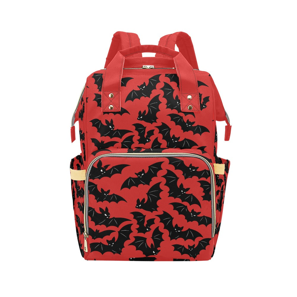 Red Bats Backpack front view with zippered front section and side pockets
