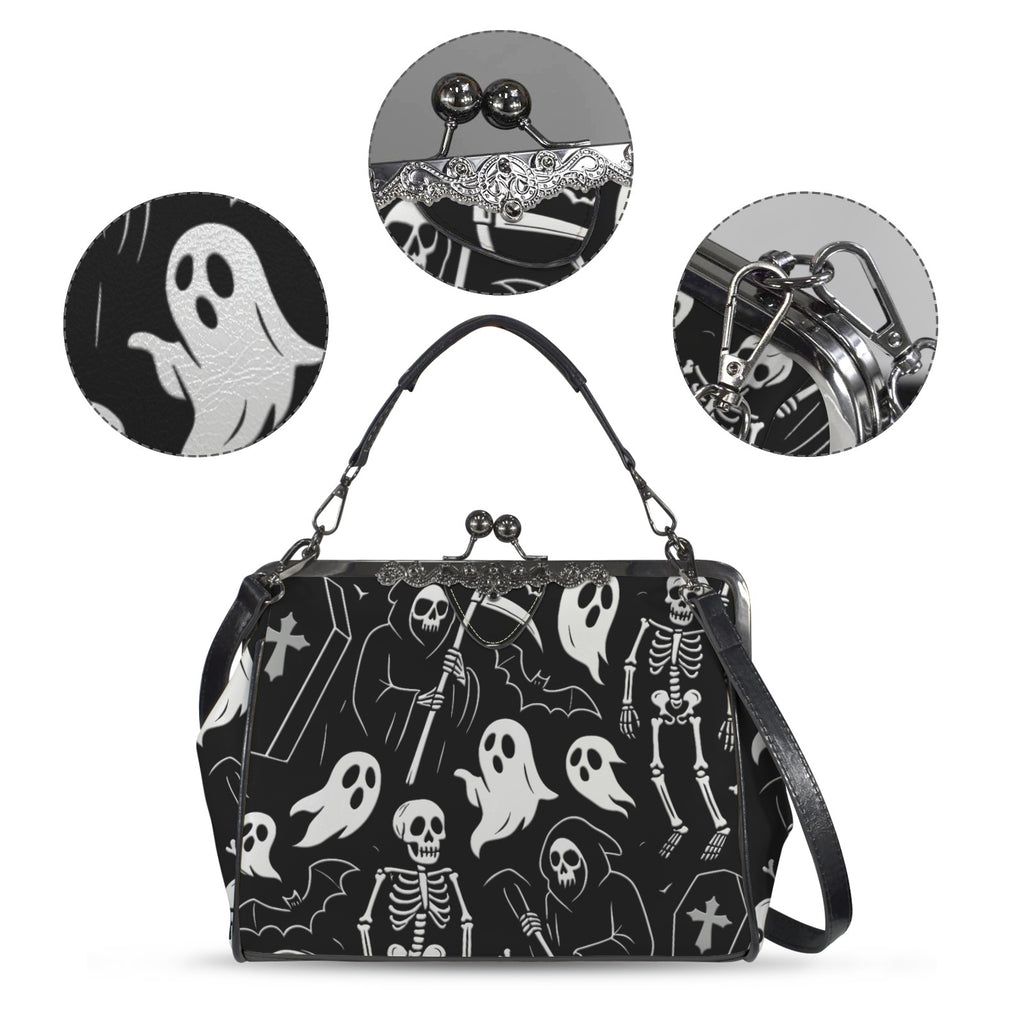 Kisslock bag with white ghosts and grim reapers on black, plus close-ups of print, clasp, and strap hardware