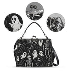 Kisslock bag with white ghosts and grim reapers on black, plus close-ups of print, clasp, and strap hardware