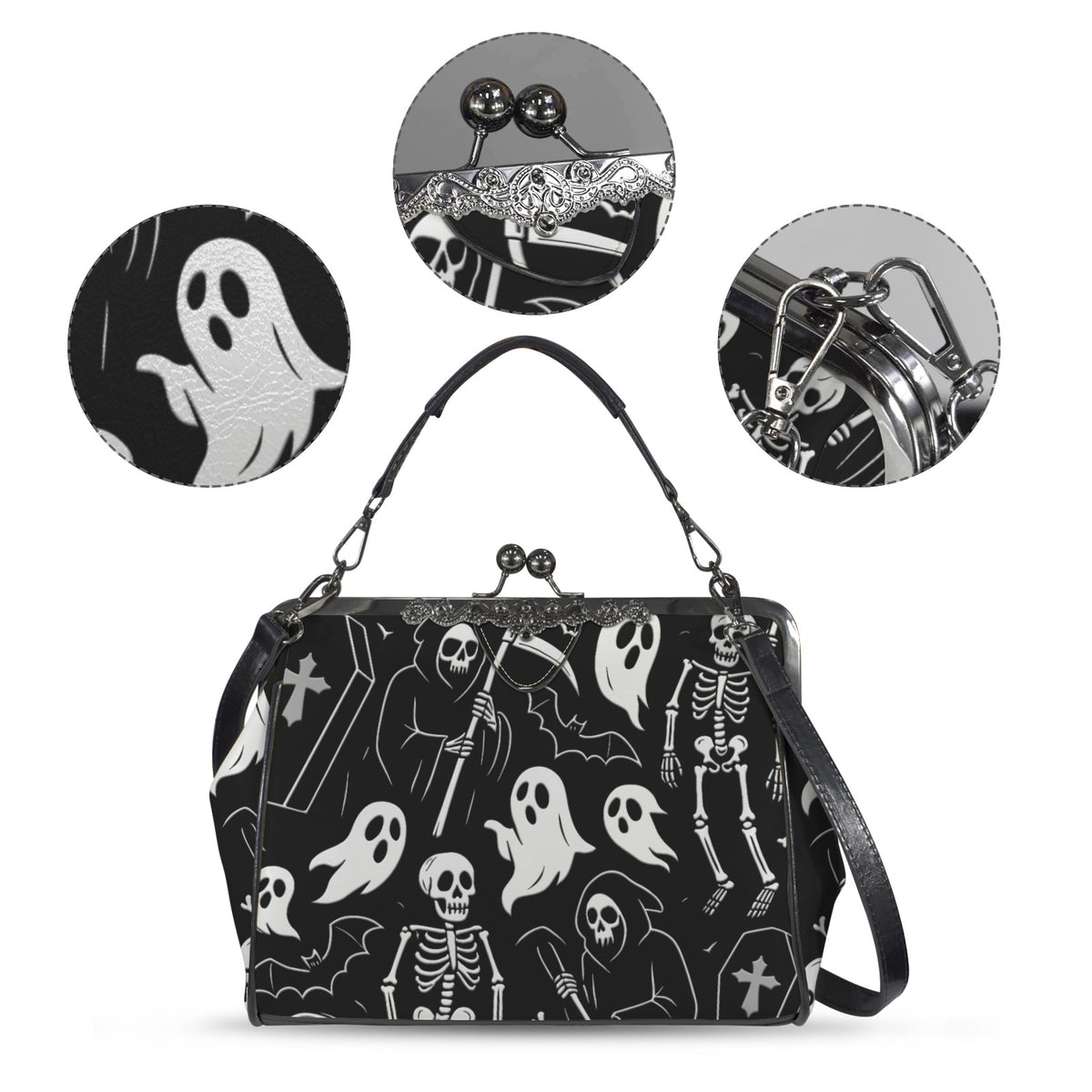 Kisslock bag with white ghosts and grim reapers on black, plus close-ups of print, clasp, and strap hardware