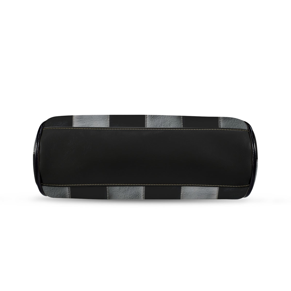 Underside of kisslock bag with black and white checkerboard pattern and black bottom panel