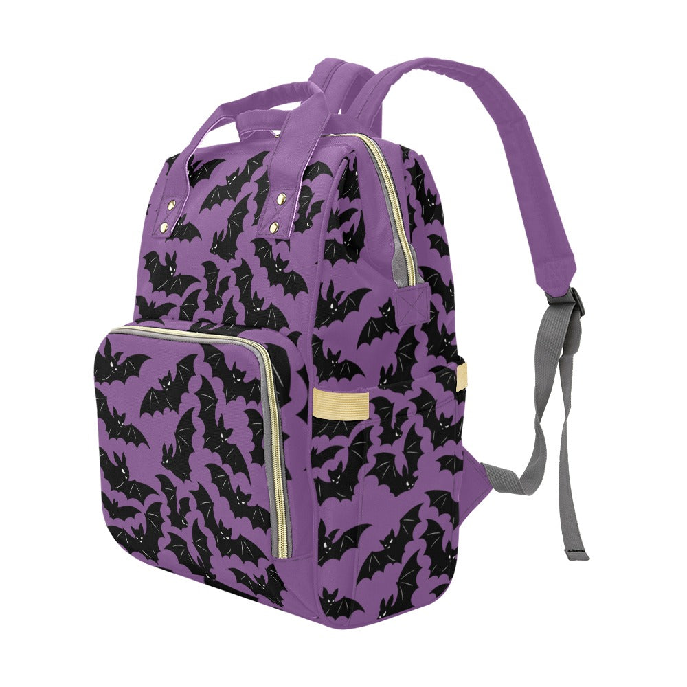 Lavender Bats Backpack right three-quarter view showing side pocket and front zipper