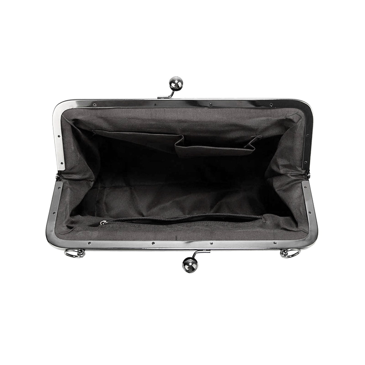 Open kisslock bag showing dark-lined compartment and interior pockets