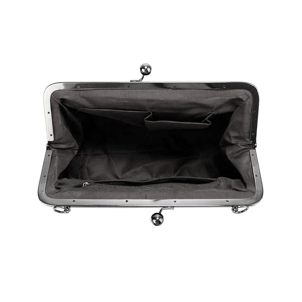 Open kisslock bag showing dark-lined compartment and interior pockets