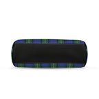 Underside of kisslock bag with blue and green plaid pattern and black bottom panel