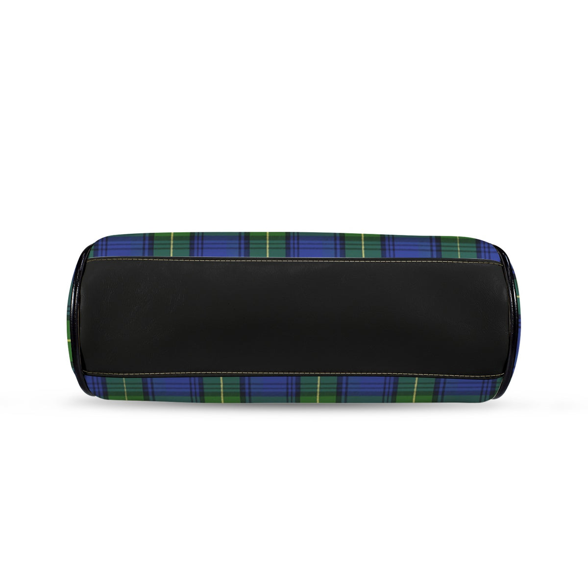 Underside of kisslock bag with blue and green plaid pattern and black bottom panel