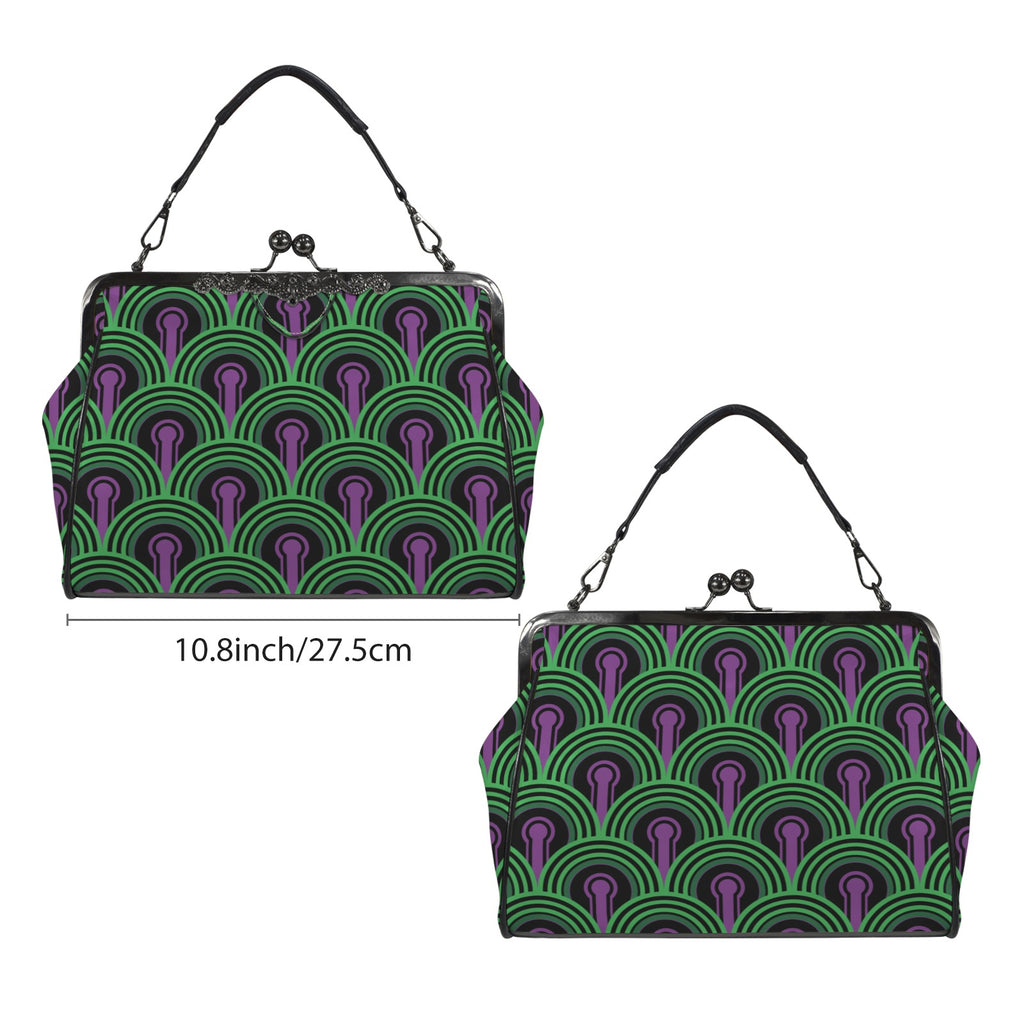 Kisslock bag with green arches and purple keyhole pattern shown from two broad sides beside a width marker