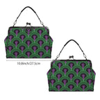Kisslock bag with green arches and purple keyhole pattern shown from two broad sides beside a width marker