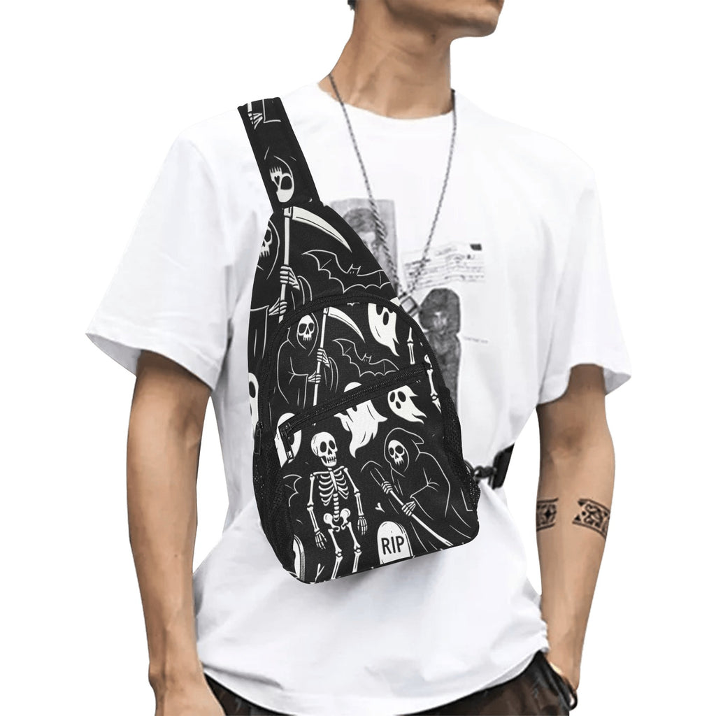 Model wearing crossbody chest bag with white ghosts and reapers on black