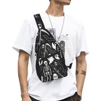 Model wearing crossbody chest bag with white ghosts and reapers on black