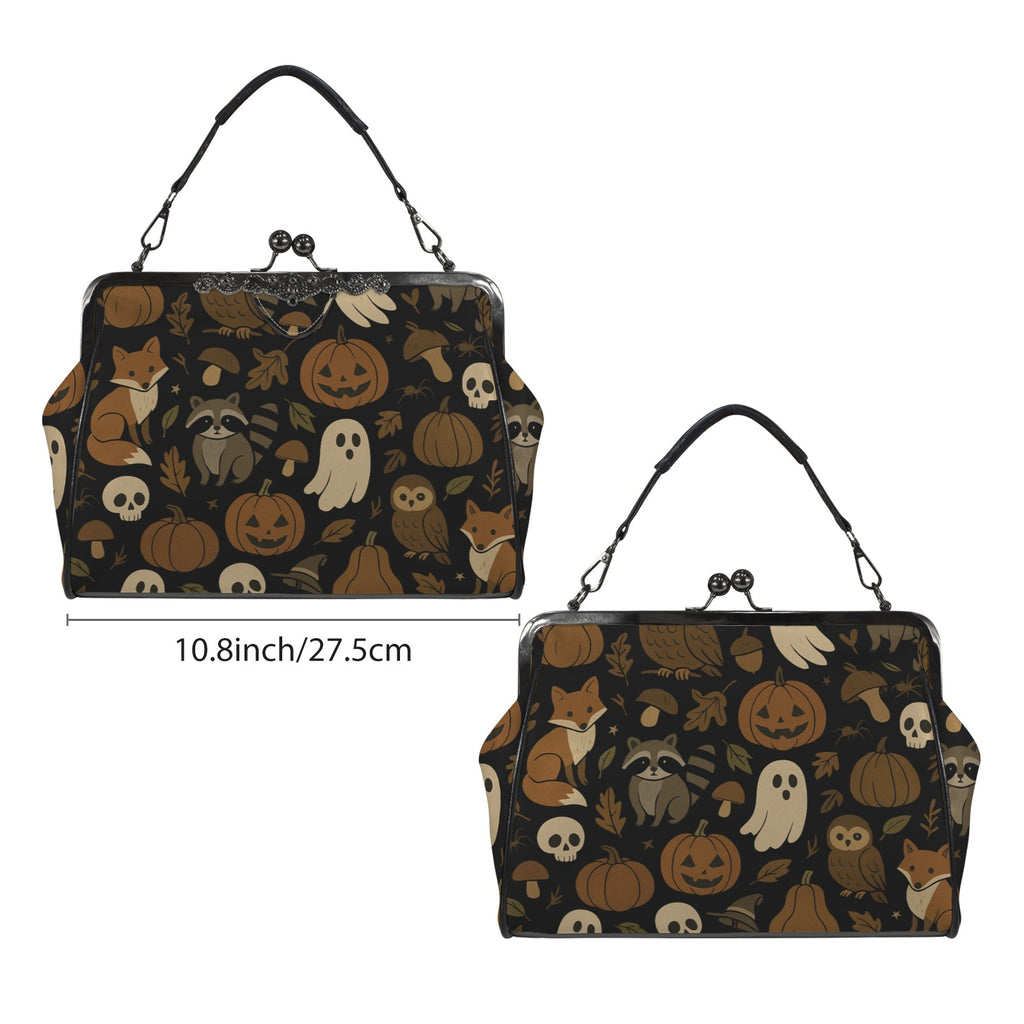 Kisslock bag with autumn ghosts, pumpkins, and woodland animal print shown from two broad sides beside a width marker