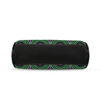 Underside of kisslock bag with green arches and purple keyhole pattern and black bottom panel