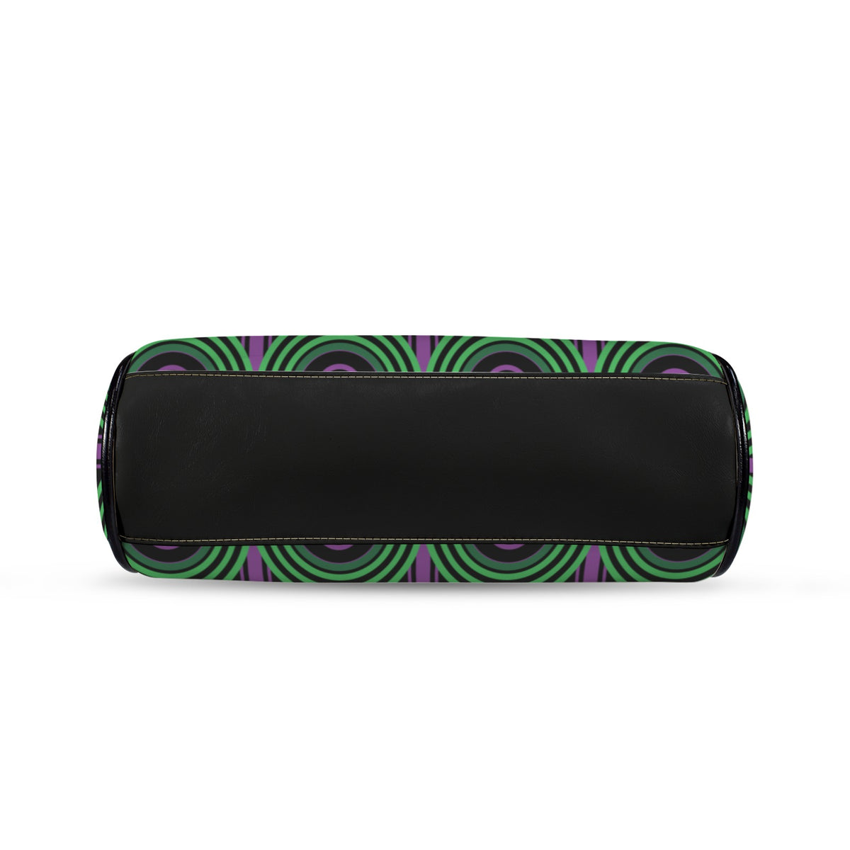 Underside of kisslock bag with green arches and purple keyhole pattern and black bottom panel