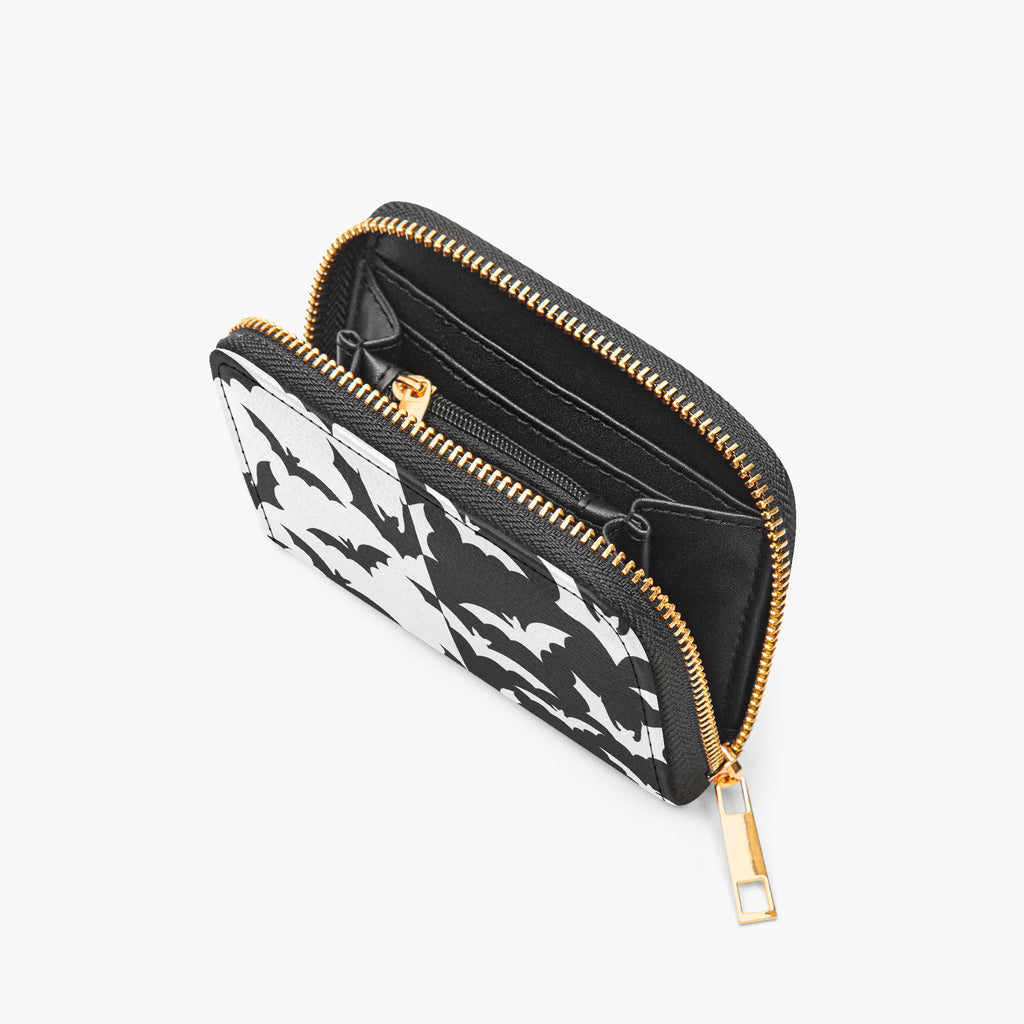 Black & White Bat Swarm Bifold Zipper Wallet open interior view