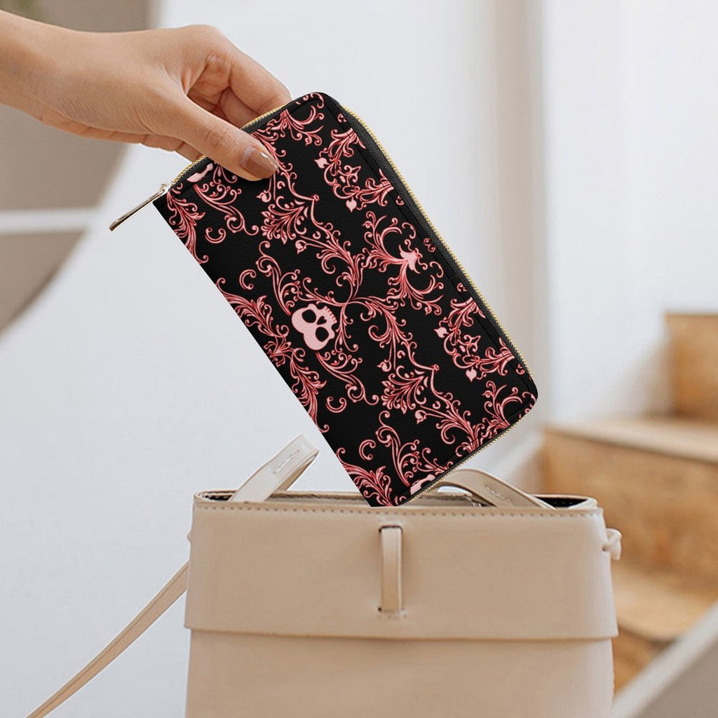 Pink Skull Damask Leather Wallet