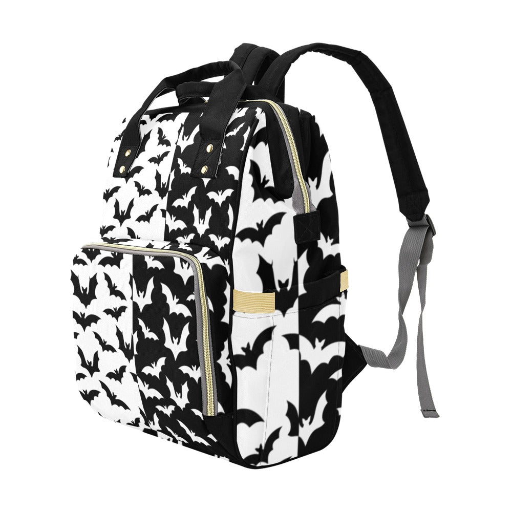 Black & White Bats Backpack right three-quarter view showing side pocket and front zipper