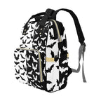 Black & White Bats Backpack right three-quarter view showing side pocket and front zipper