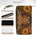 Highland Cow Sunflower Wallet zipper and material detail views