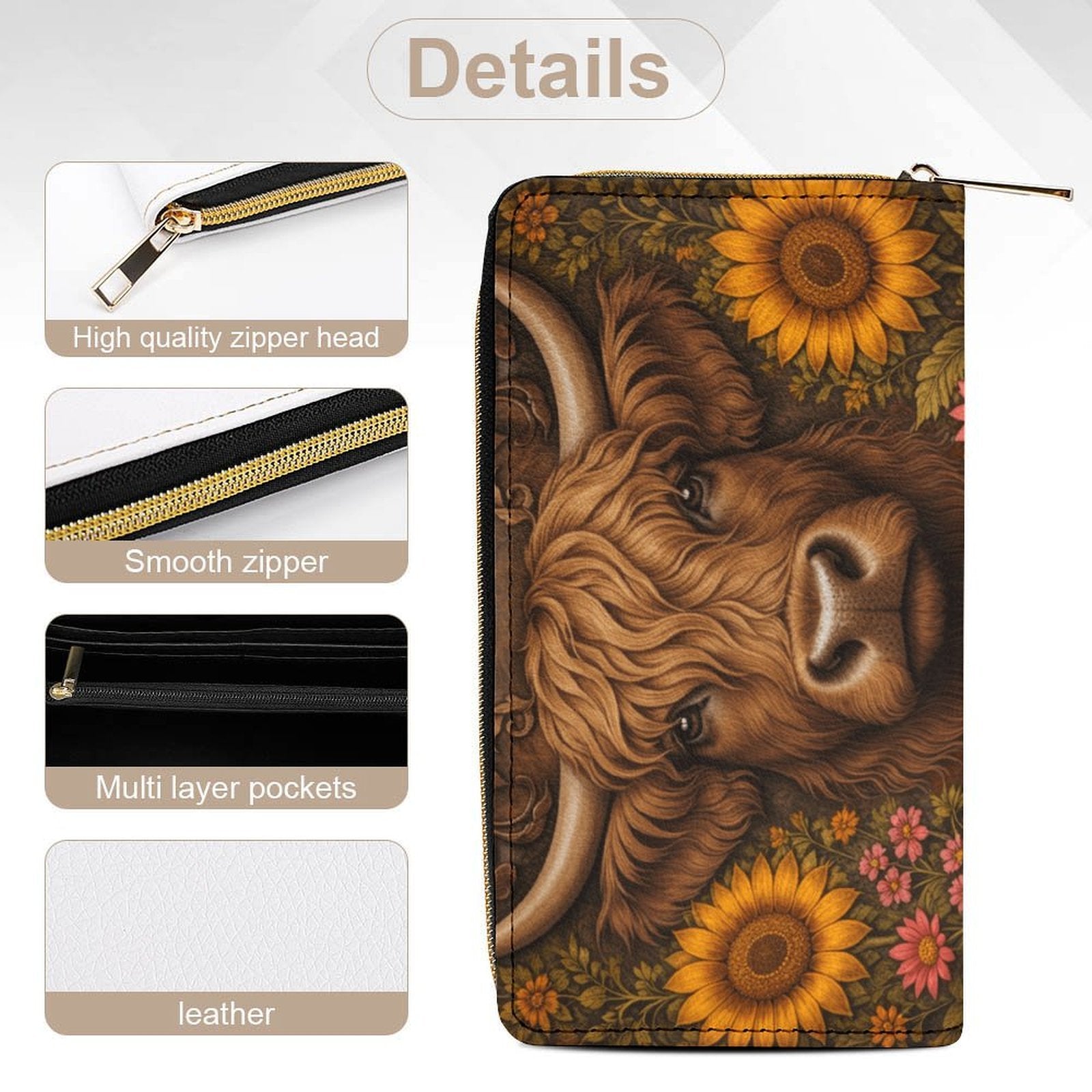 Highland Cow Sunflower Leather Wallet