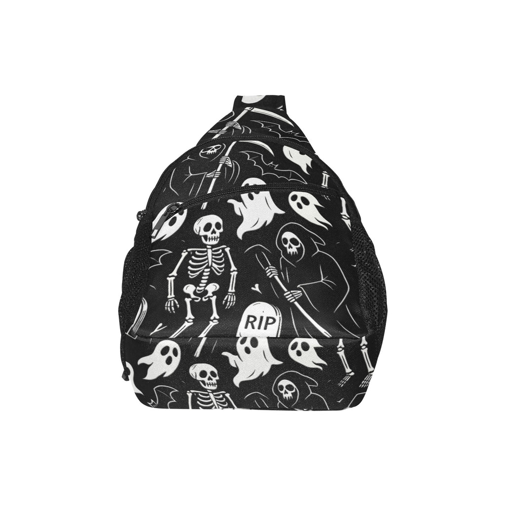 Broad panel of chest bag with white ghosts and reapers on black and curved zippered pocket