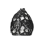 Broad panel of chest bag with white ghosts and reapers on black and curved zippered pocket
