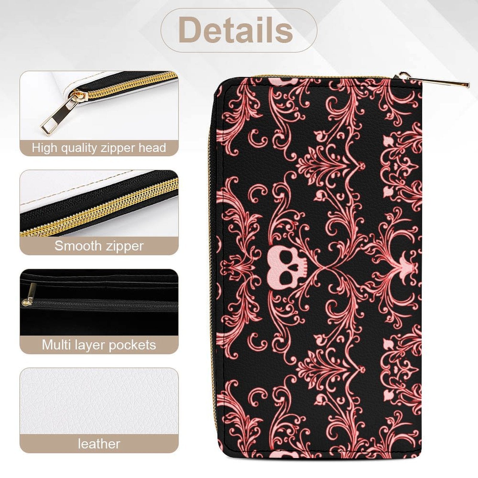 Pink Skull Damask Leather Wallet